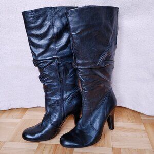 💯% real leather Black Knee high heeled boots